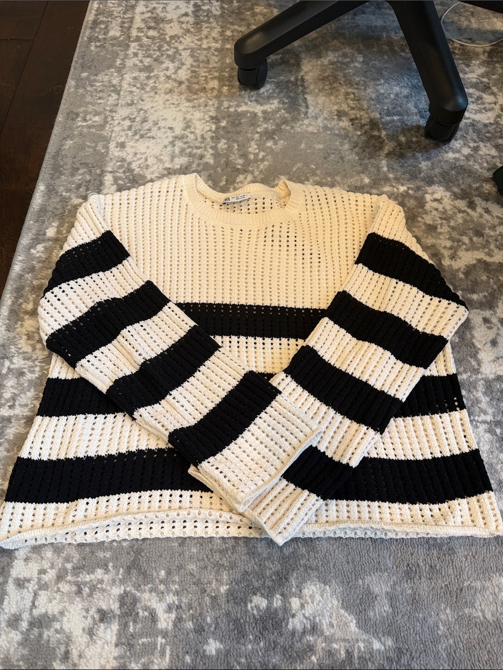 Zara Black & Cream Striped Open-Knit Crewneck Sweater